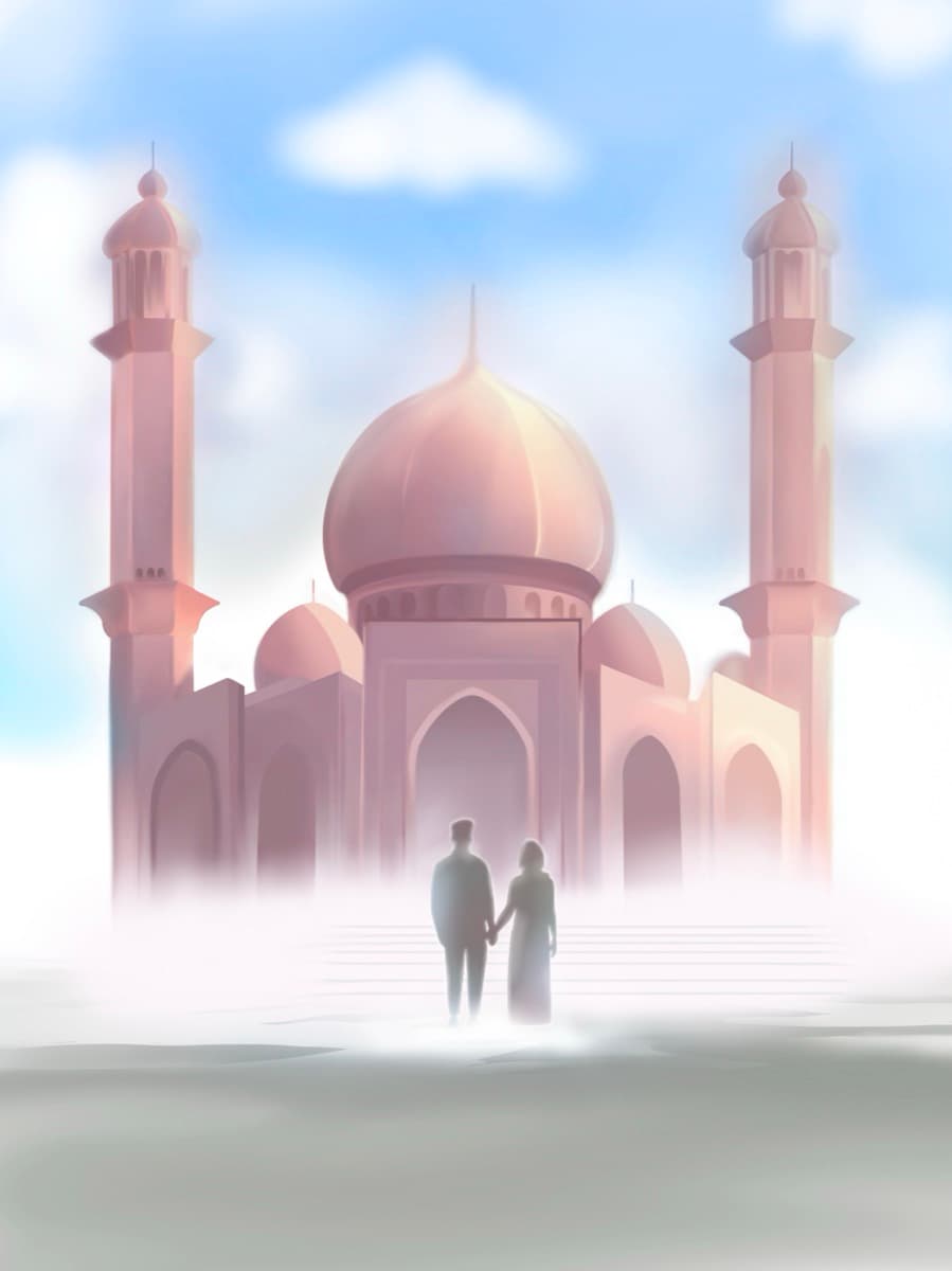 A couple standing in front of a masjid bathed in soft light