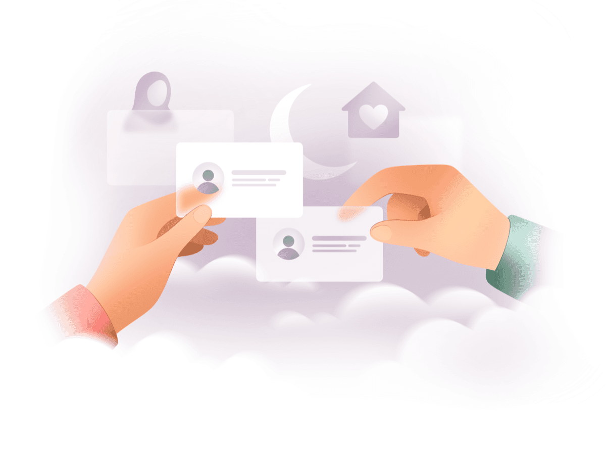 Two hands exchanging profile cards above clouds