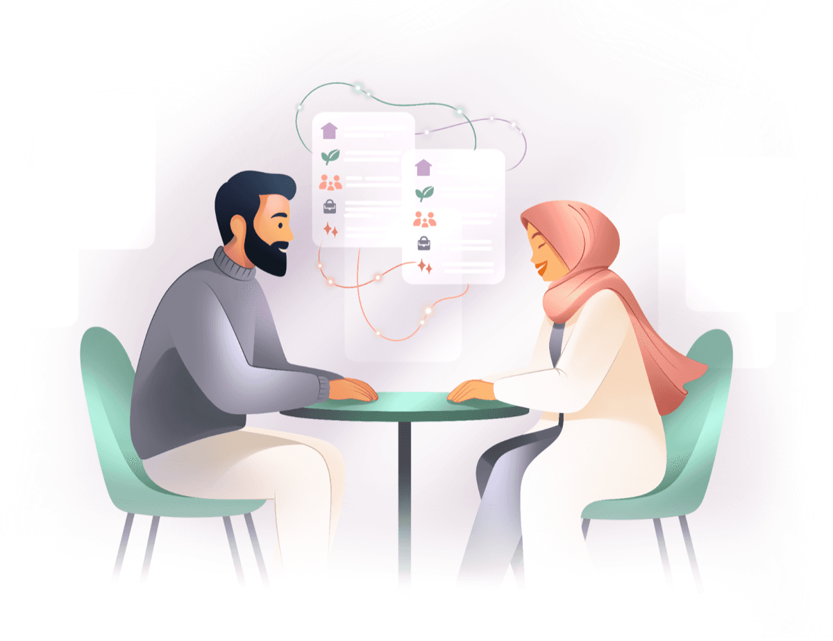 Two people meeting and reviewing matches